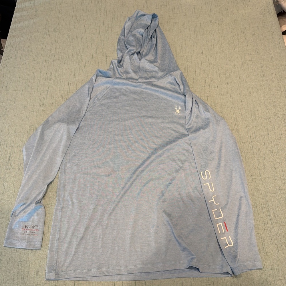Spyder Men's Sm Rash Guard Hoodie Blue Heathered UPF 30+ Long Sleeve Swim Shirt